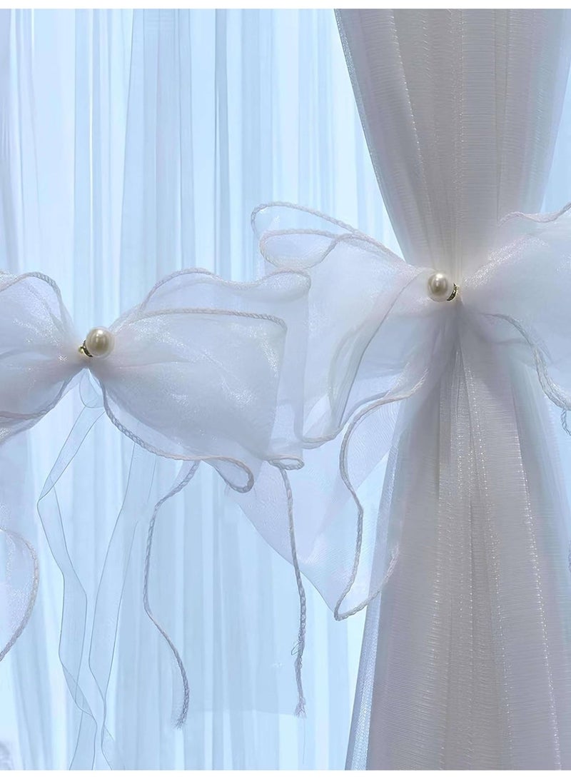 ChicAbode 2 Pcs Bow Curtain Tiebacks with Pearls, Butterfly Lace Bowknot Curtain Holdbacks, Decorative Ribbon Drape Holders for Home and Wedding, White - Image 1